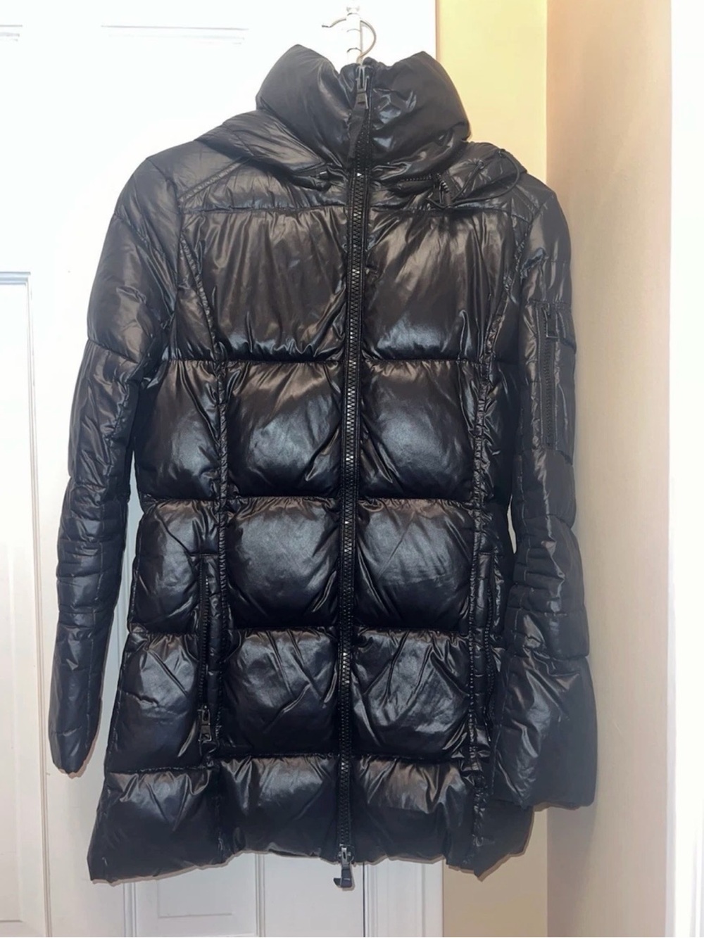S13 New York Black Quilted Down Hooded Puffer Jacket Mid-Length Women's Size XS